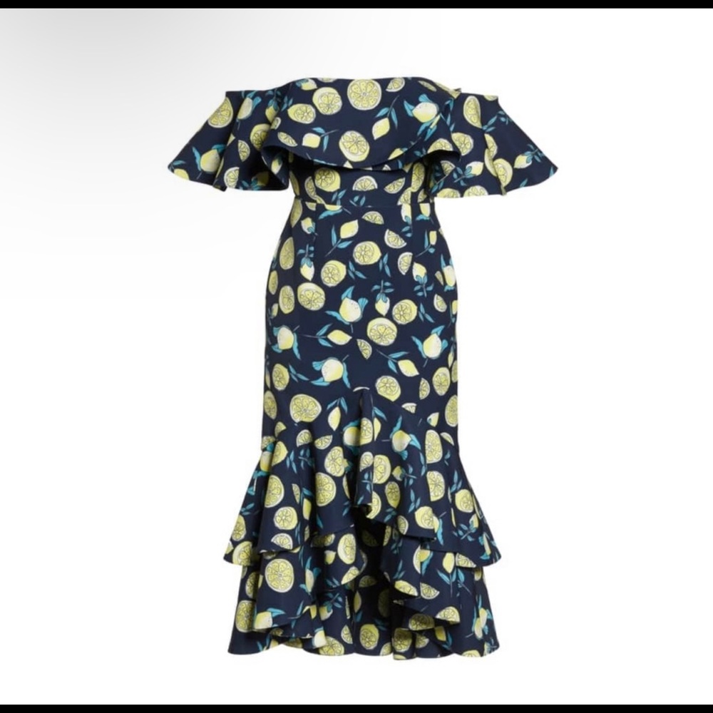 Limited Edition Fame & Partners Lemon Print Off The Shoulder Dress